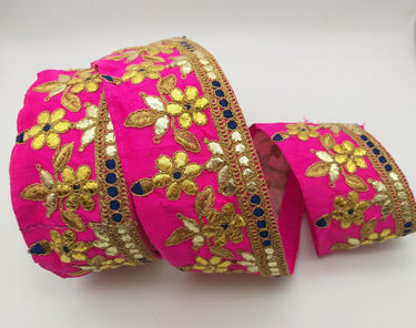 Fuchsia Pink Art Silk Fabric Trim, Blue & Gold Floral Embroidery Gota Patti Indian Sari Border Trim By Yard Decorative Trim Craft Lace